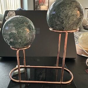 Set of Two Earth-Like Moss Agate Spheres with Dual Stand
